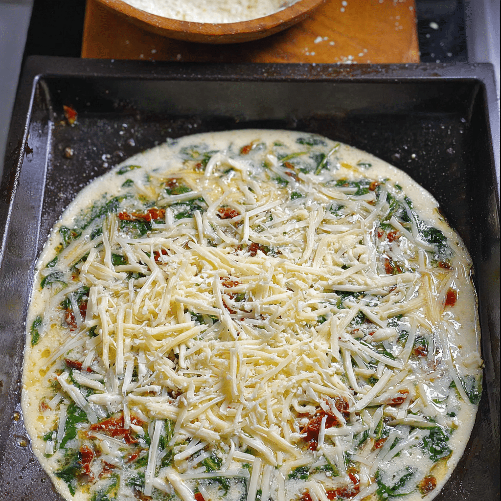 uncooked sheet pan spinach egg white mixture topped with cheese