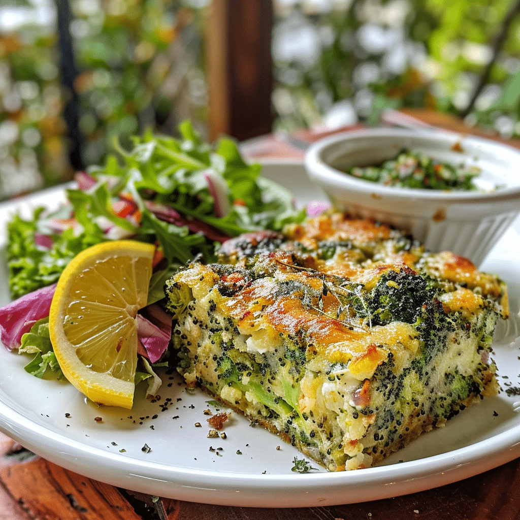 Finished broccoli kugel in a glass dish