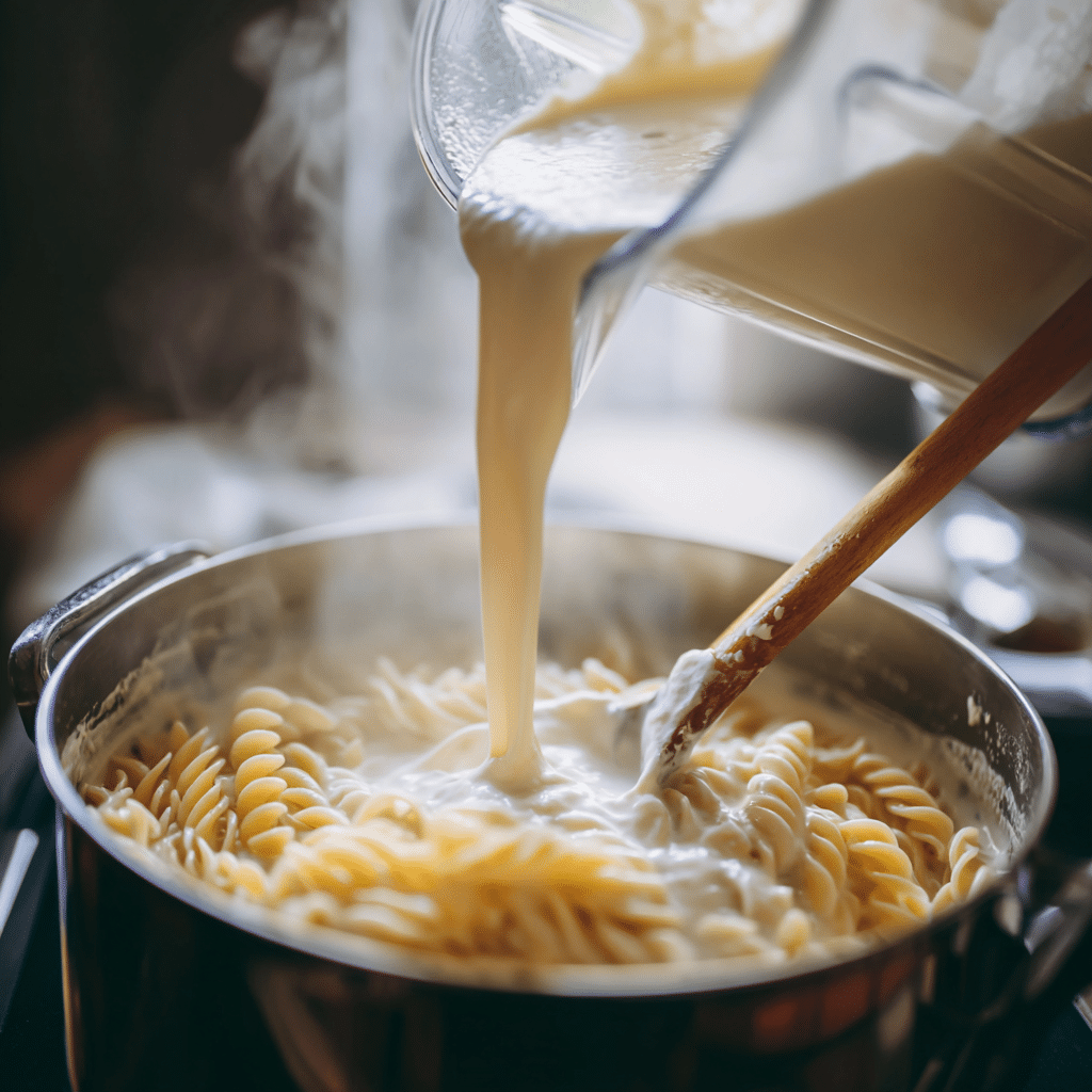 pouring cottage cheese pasta sauce and pasta water into pot