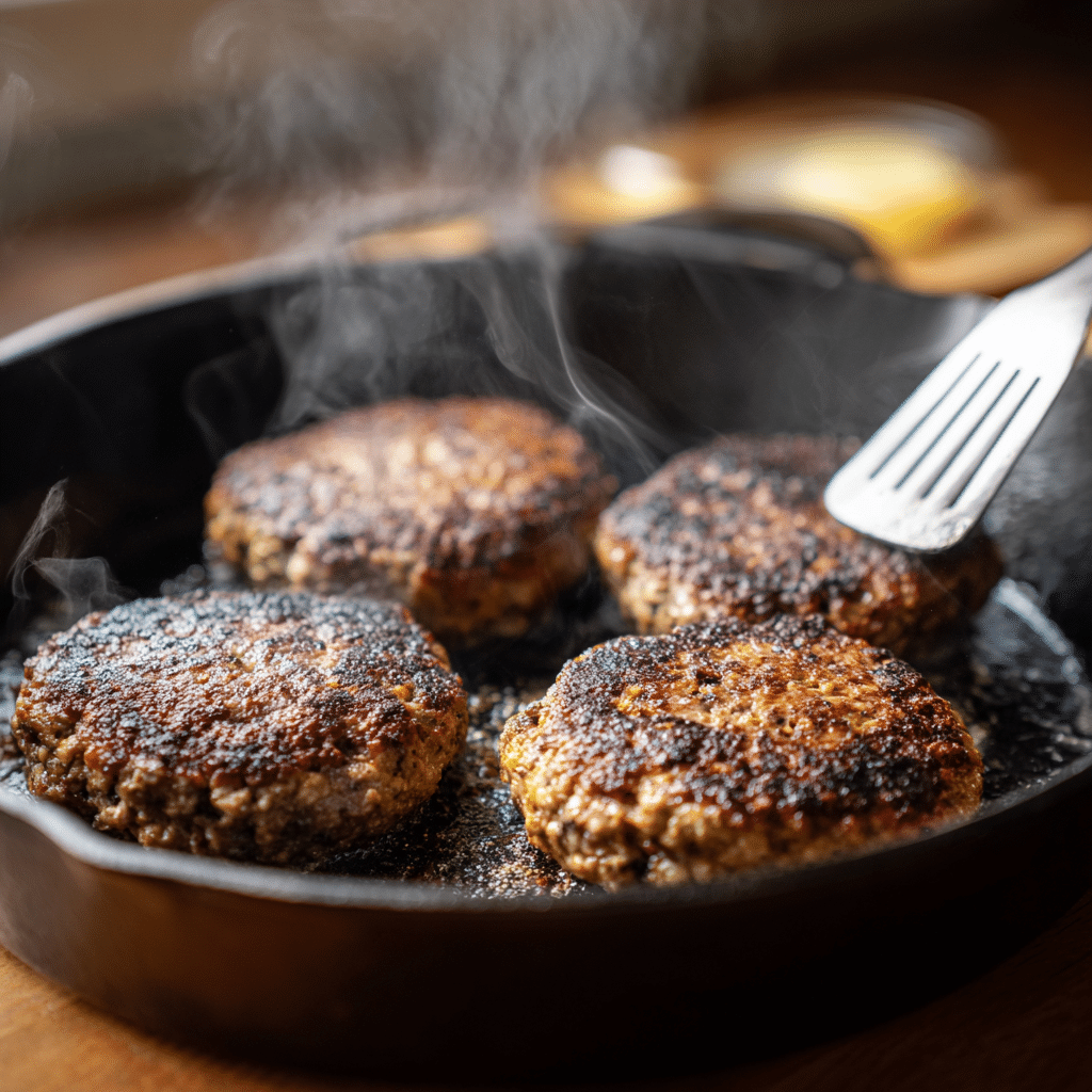 bison burgers cooking in skillet