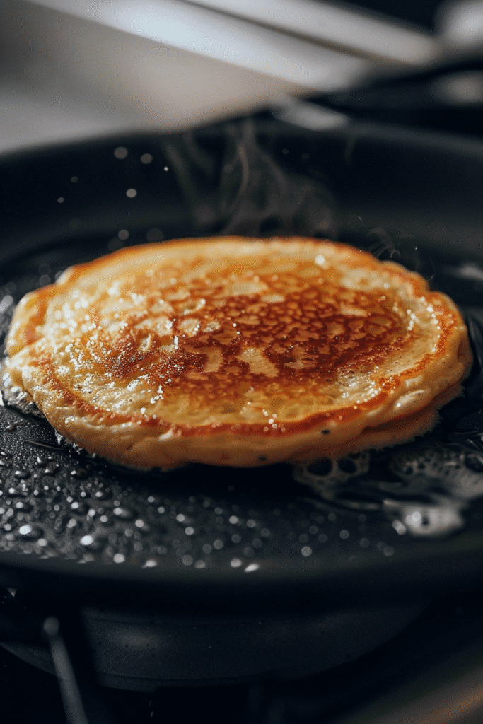 Gluten free cottage cheese pancakes cooking in skillet