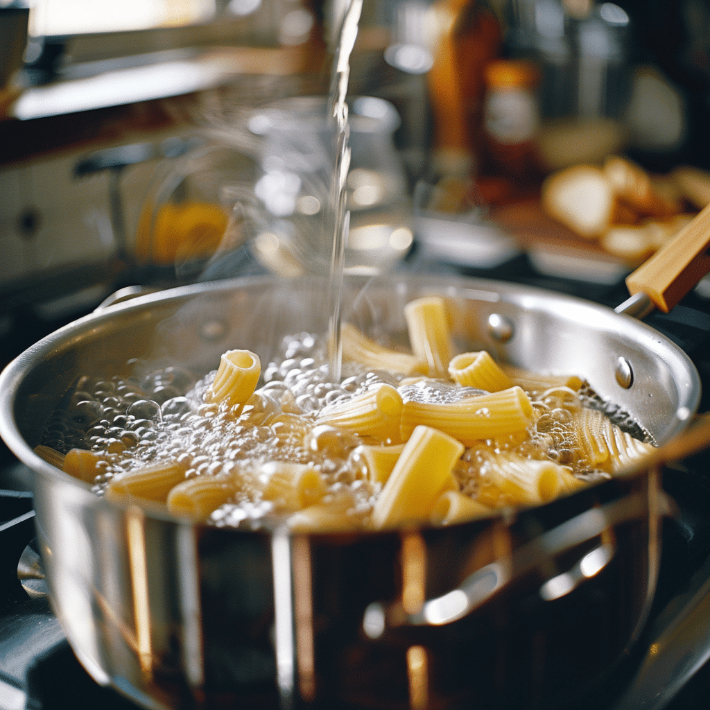 cooking rigatoni pasta in boiling salted water