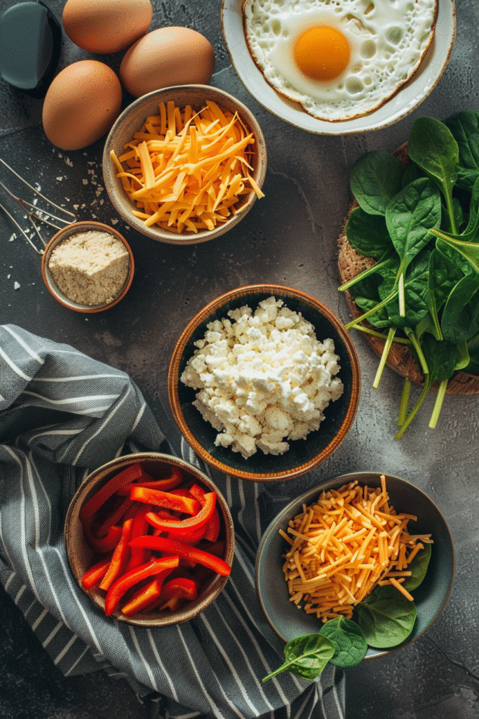 Ingredients for cottage cheese egg bites arranged on a towel