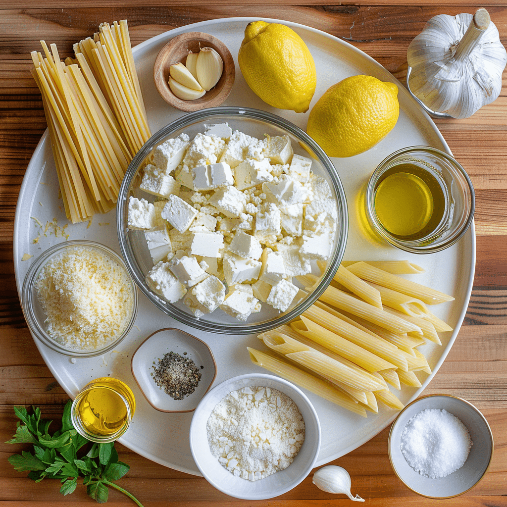 ingredients for cottage cheese pasta sauce on wooden table
