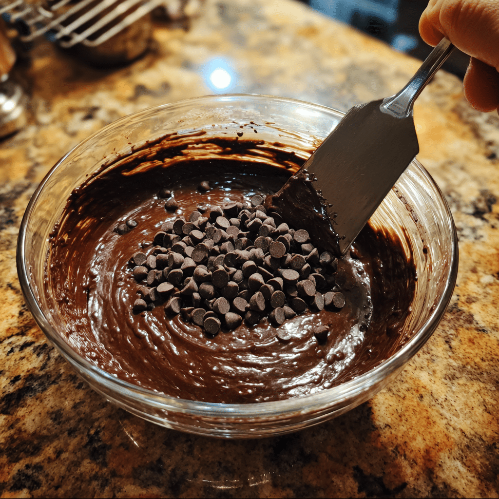 Folding chocolate chips into muffin batter
