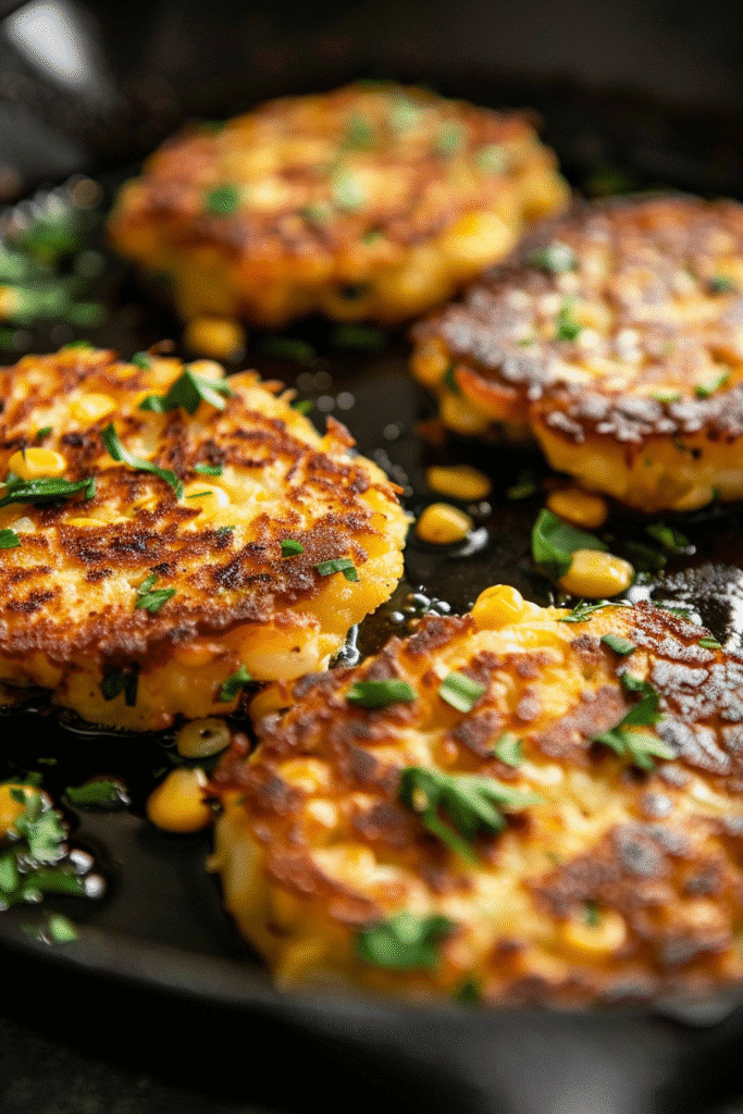 Gluten free corn fritters frying in skillet