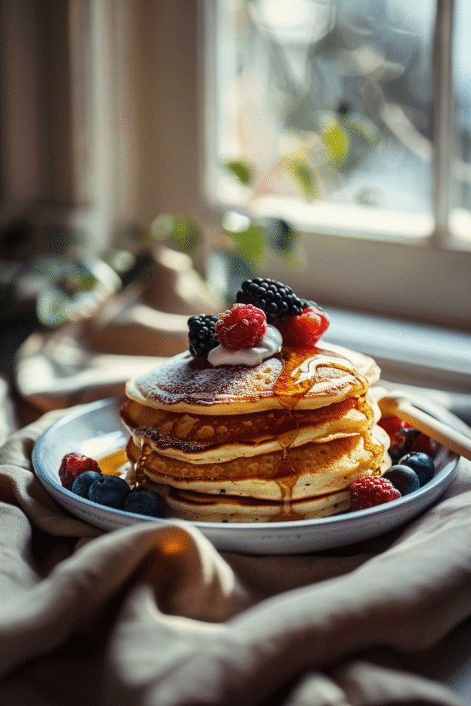 Gluten free cottage cheese pancakes served with berries and yogurt