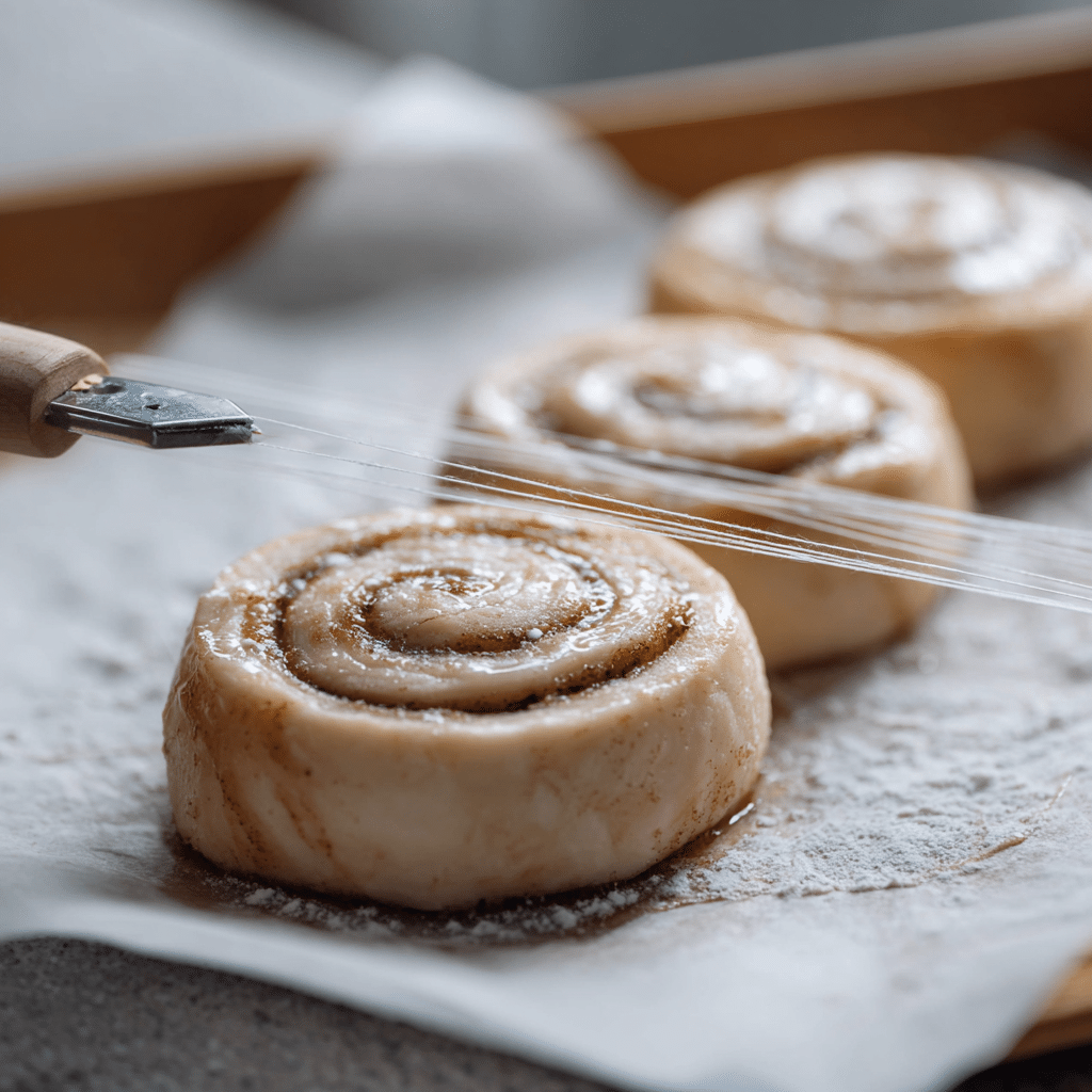Slicing gluten-free cinnamon rolls