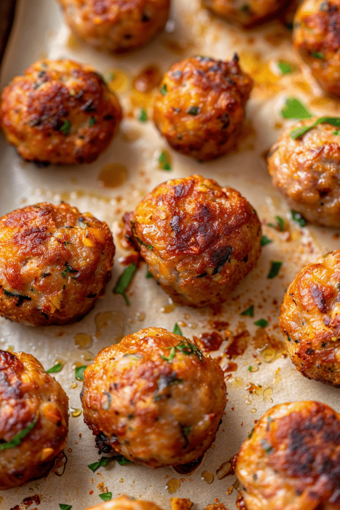 Baked gluten free sausage balls on tray