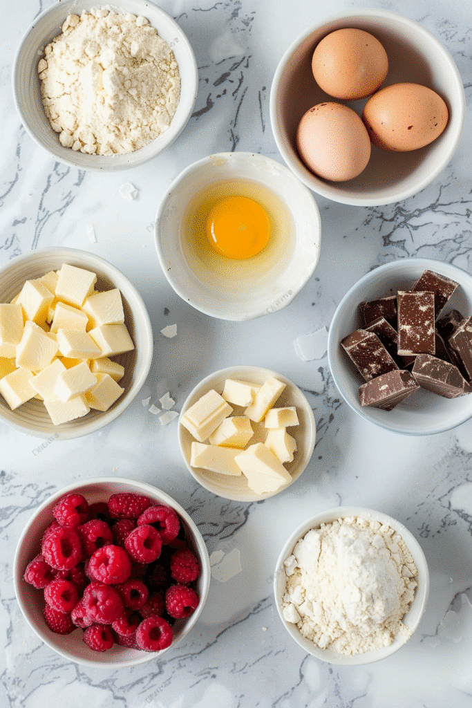 gluten free scone ingredients with raspberries and chocolate