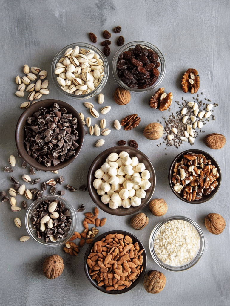 Perfectly portioned mix-ins for the Master Granola Bar Recipe—crunchy nuts, hearty seeds, sweet dried fruit, and rich chocolate chips—are beautifully arranged in small bowls, ready for blending into the ultimate snack bar