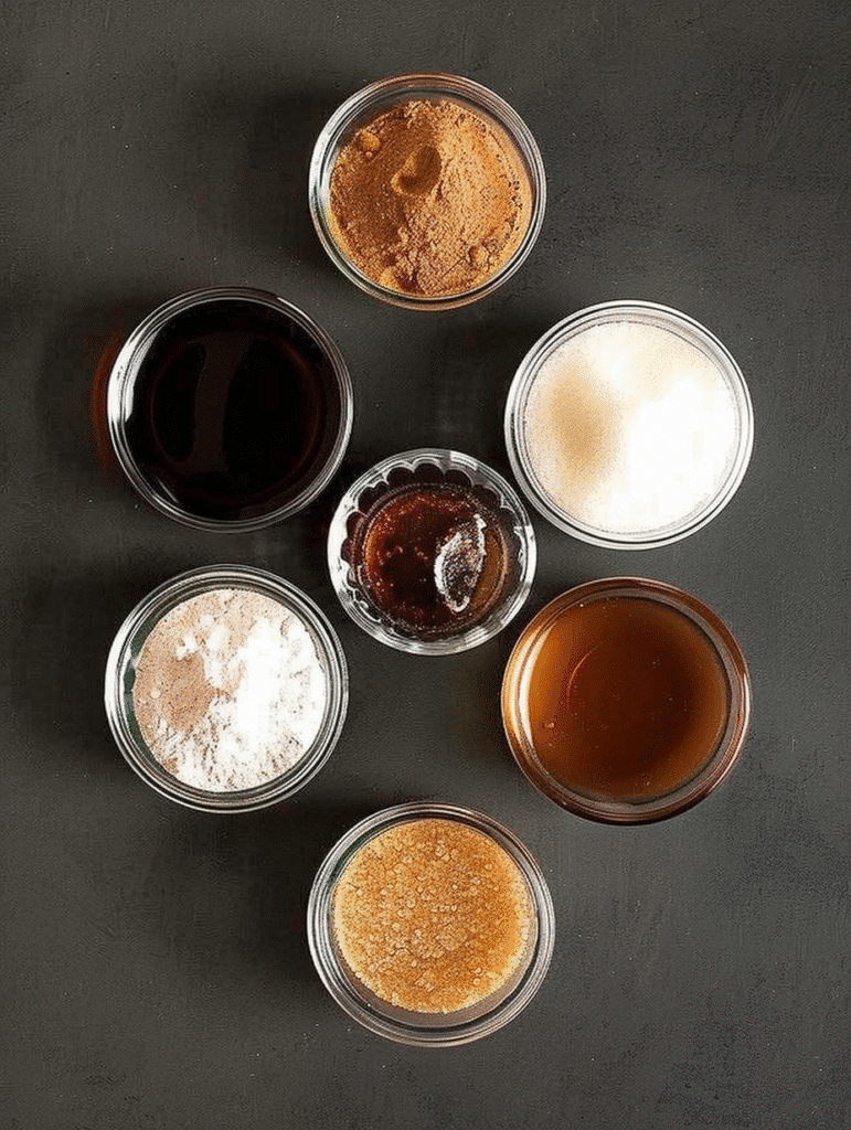 Assorted sugars for granola bars: honey, maple syrup, coconut sugar, molasses, brown sugar, and white sugar