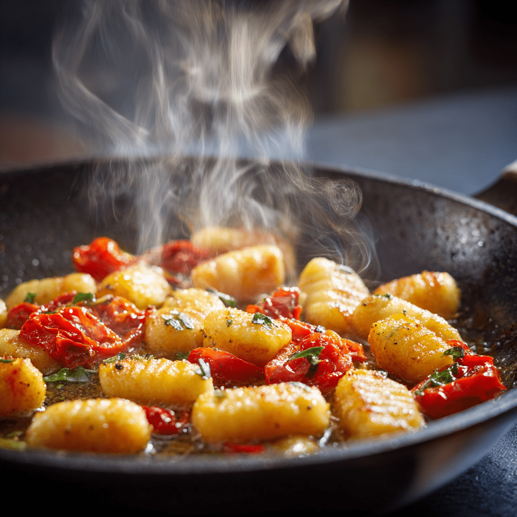 Gnocchi cooking in skillet with tomatoes and garlic