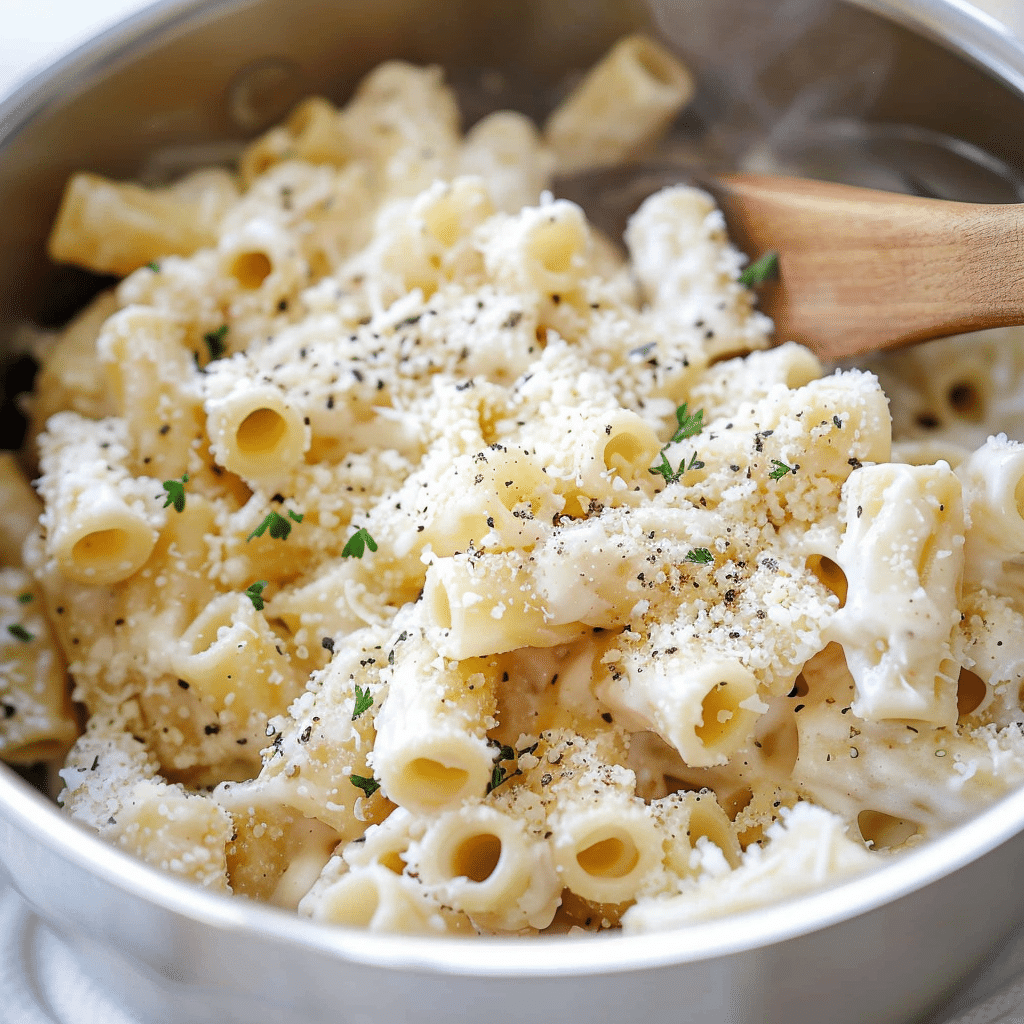 rigatoni pasta tossed in creamy cottage cheese pasta sauce