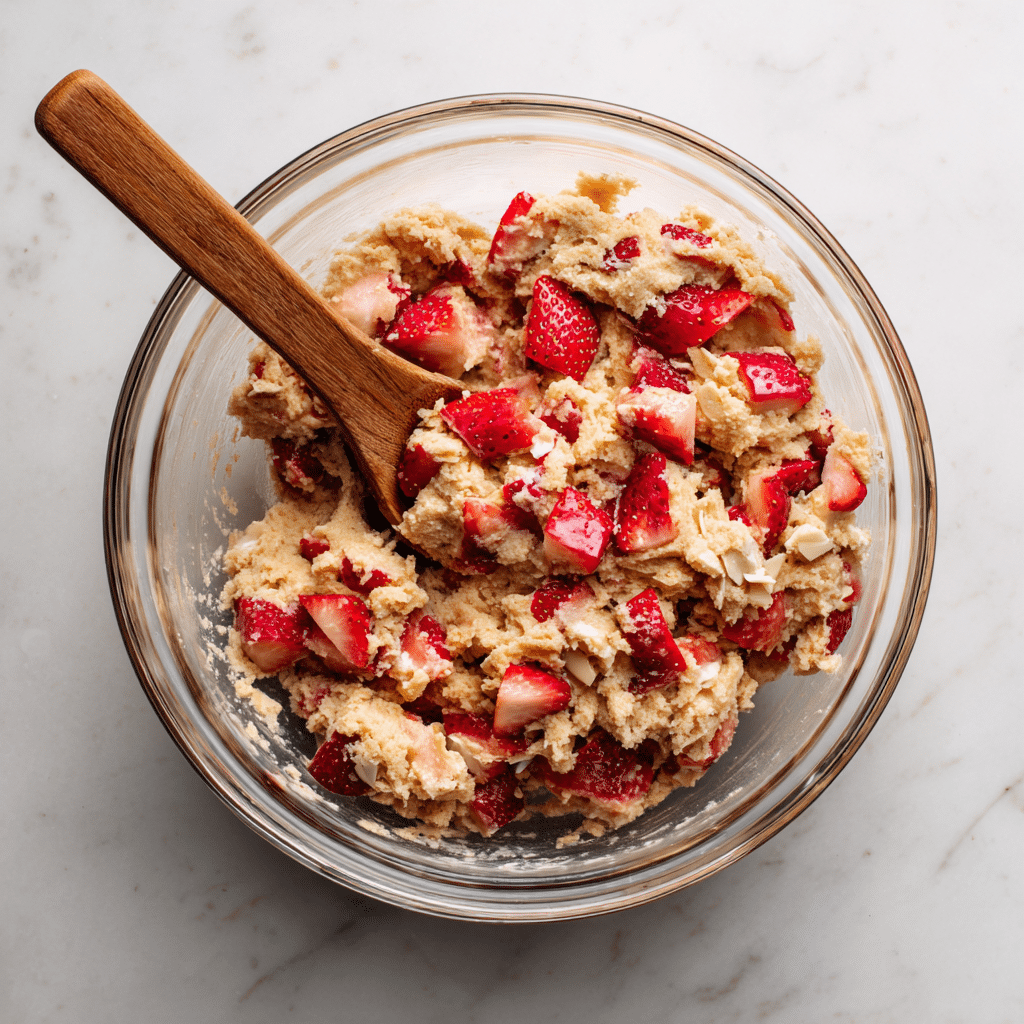 Mixing strawberry crumble almond cookie dough