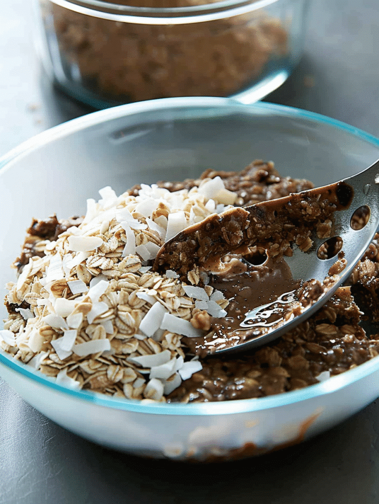 No-bake sticky granola bars topped with coconut flakes