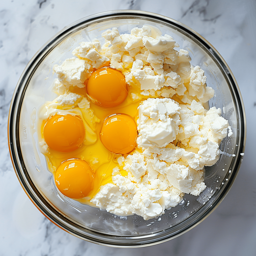 Bowl of raw eggs and cottage cheese ready for making egg bites