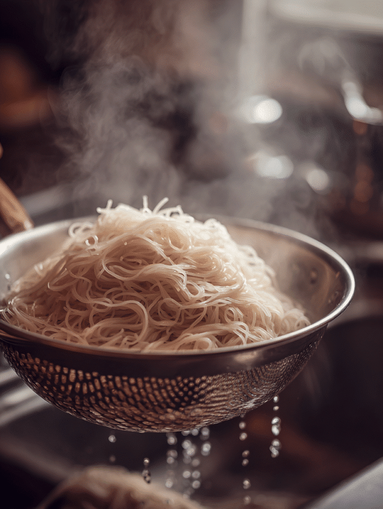 Rinsing brown rice noodles for Pad Thai