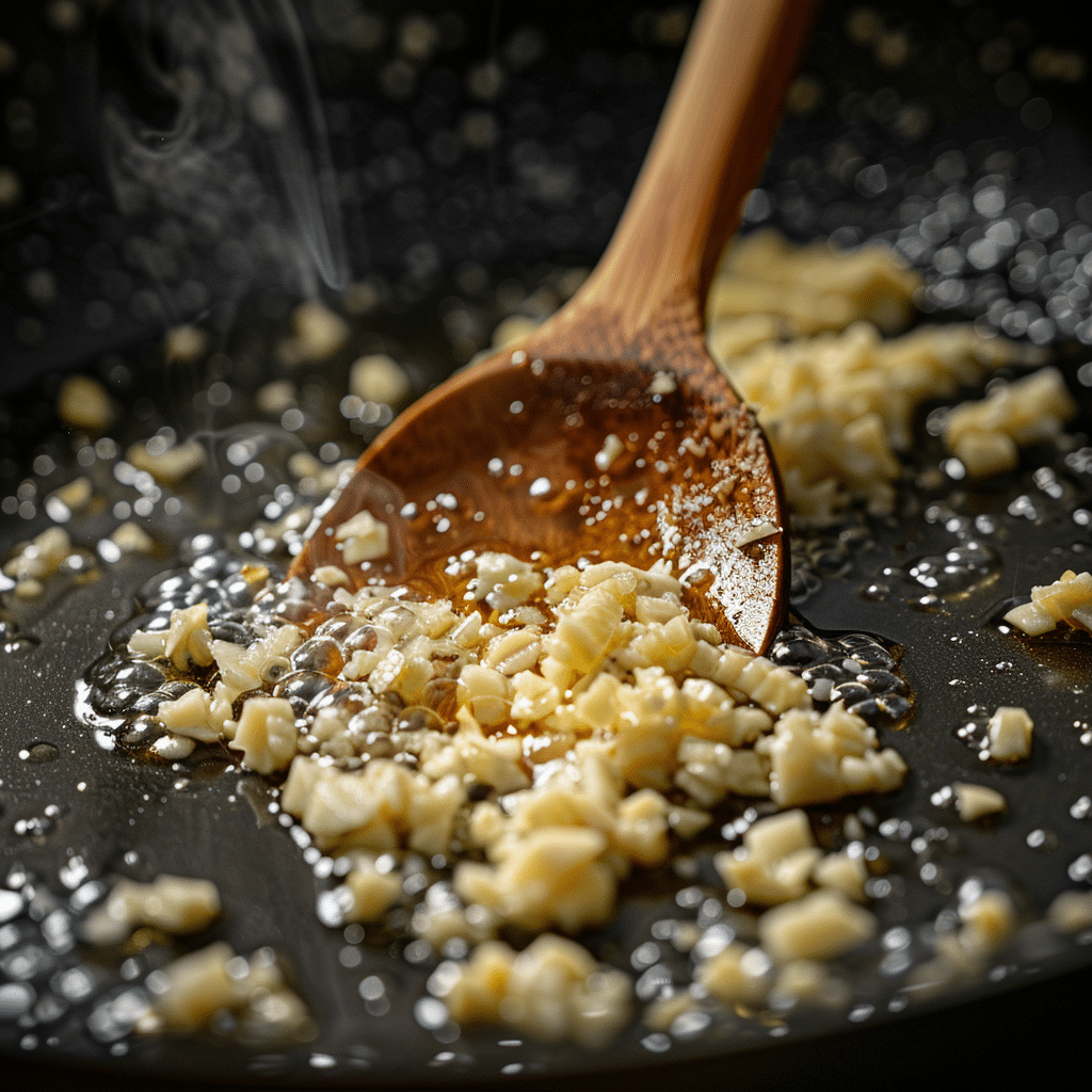 minced garlic sautéing in olive oil in a skillet