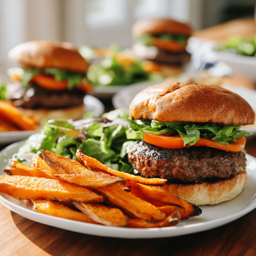 plated bison burgers with sides