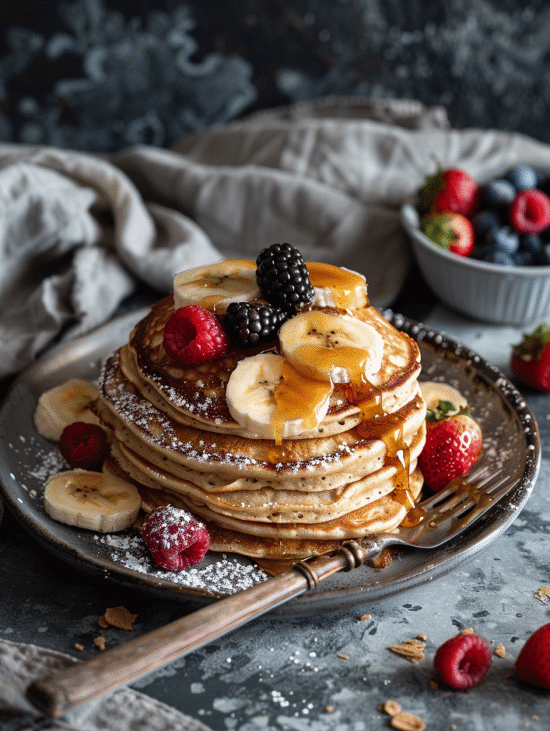 served chocolate peanut butter chickpea pancakes with toppings