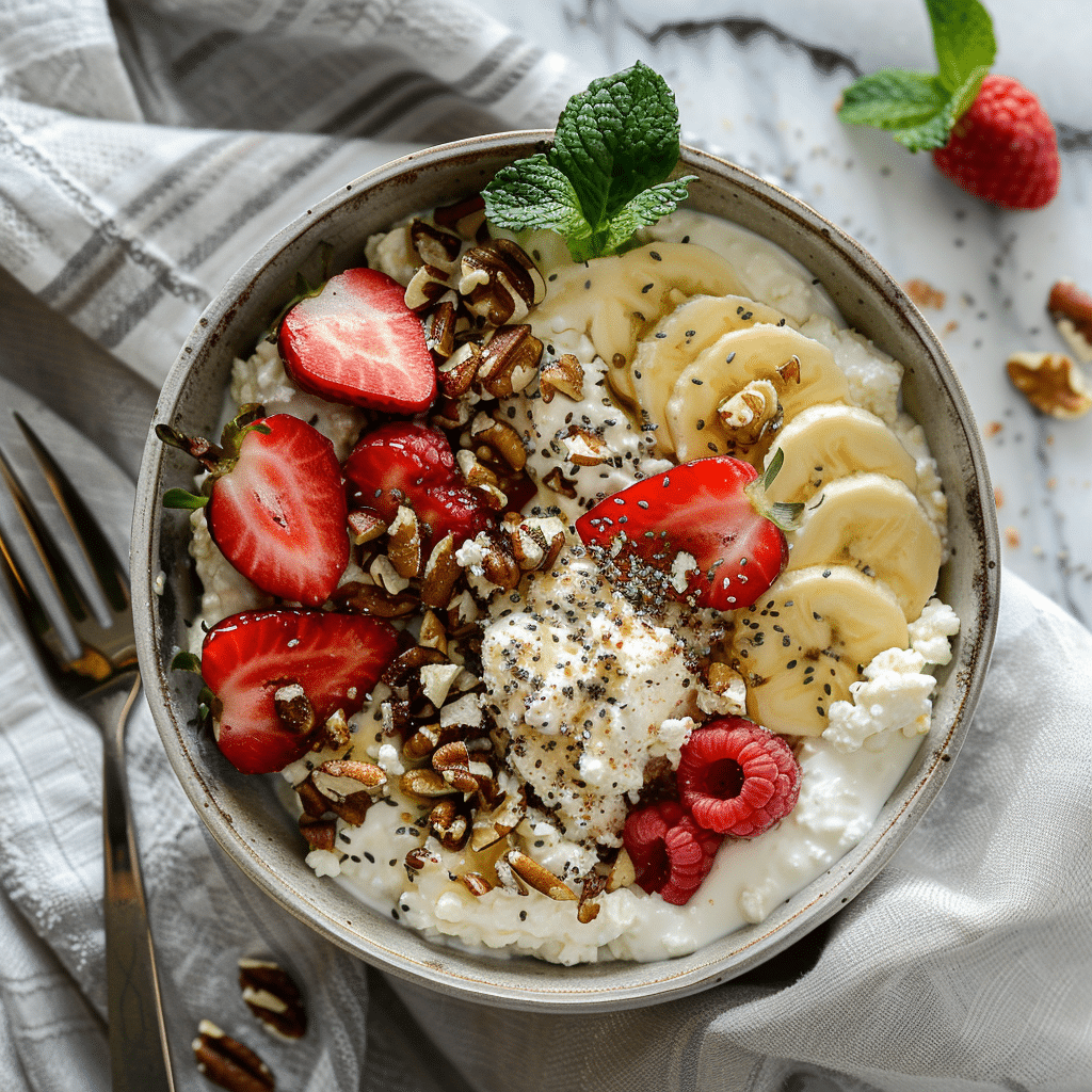 Served cottage cheese protein bowl