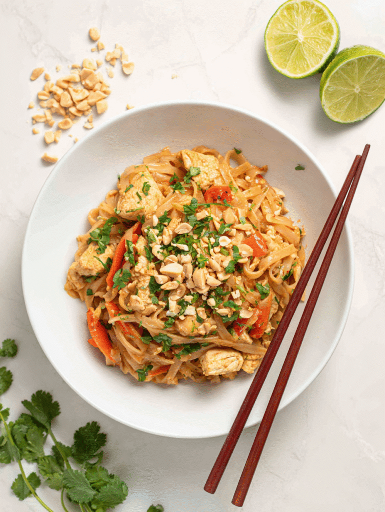 Served gluten-free chicken Pad Thai with garnishes