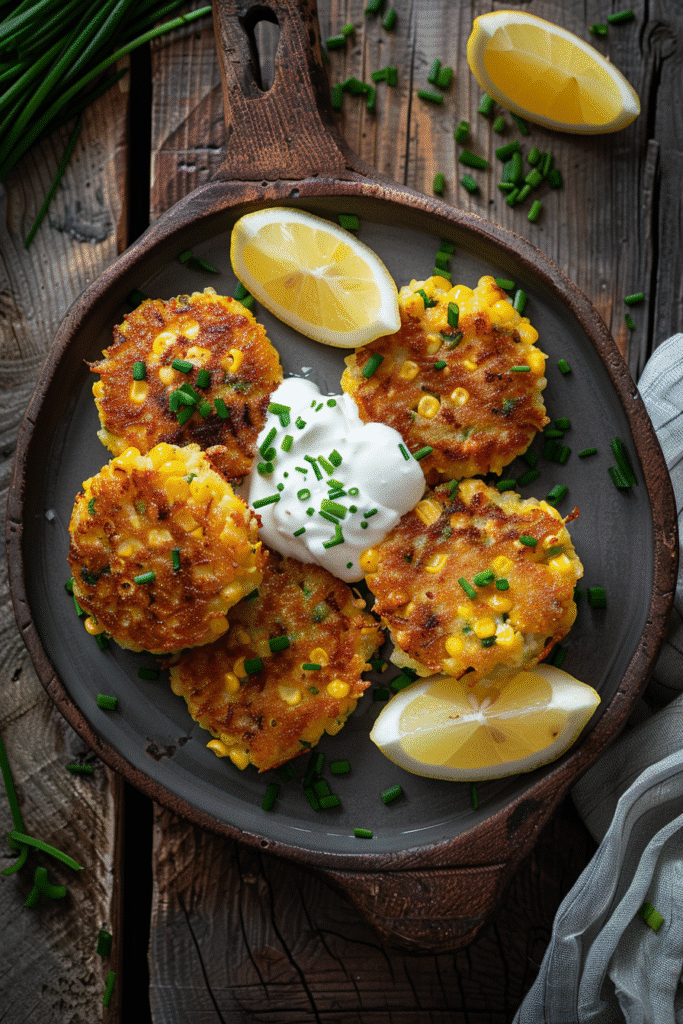 Gluten free corn fritters plated with sour cream