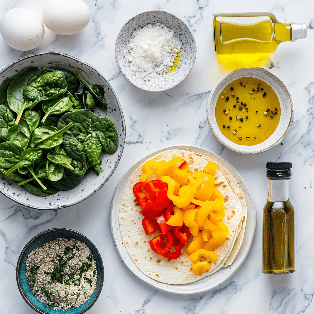 sheet pan spinach egg white wraps ingredients flat lay