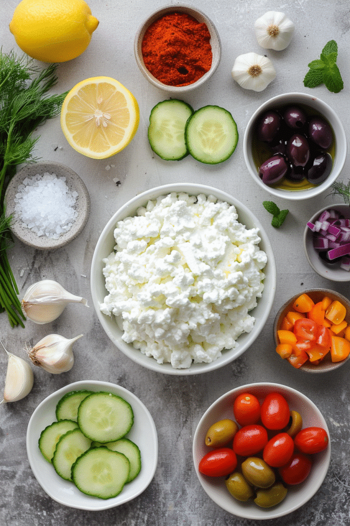 Ingredients for whipped cottage cheese dip on kitchen counter