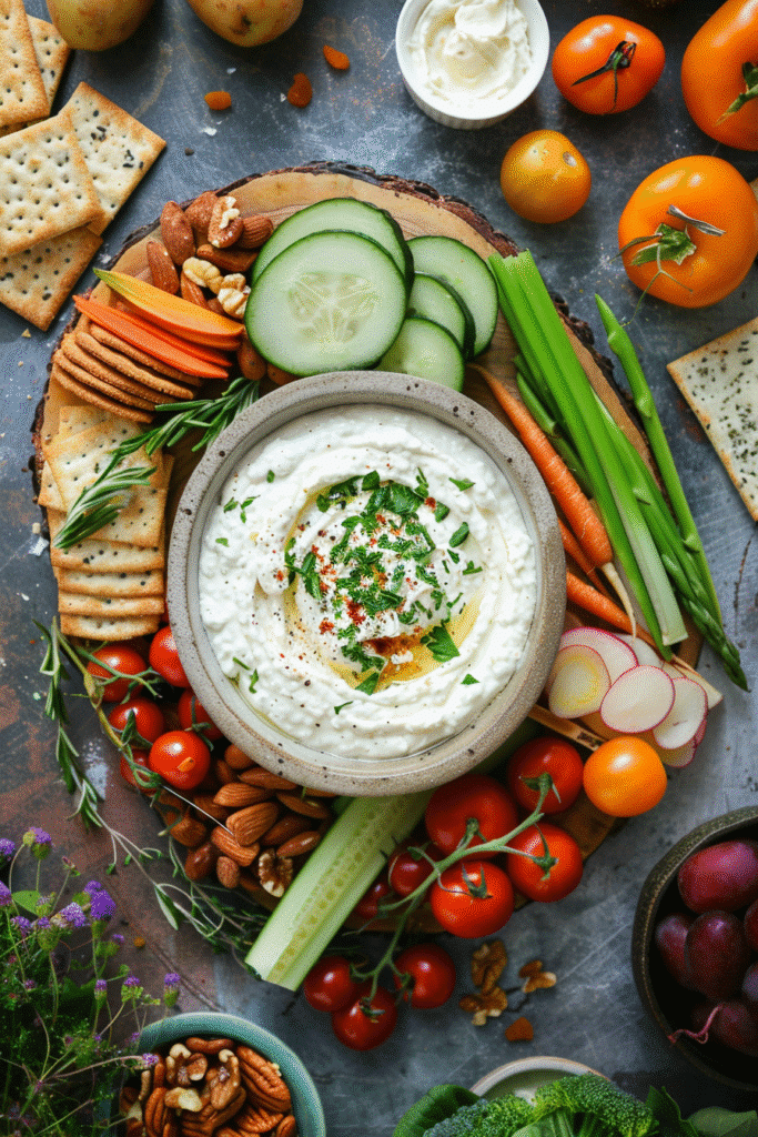 Serving board with whipped cottage cheese dip and assorted snacks