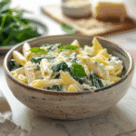 Creamy spinach ricotta pasta with ingredients and recipe card