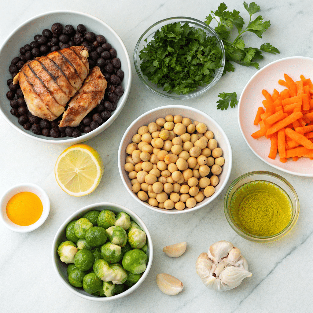 Ingredients for dense bean salad with chicken and Brussels sprouts on marble surface, dense bean salad with chicken and Brussels sprouts