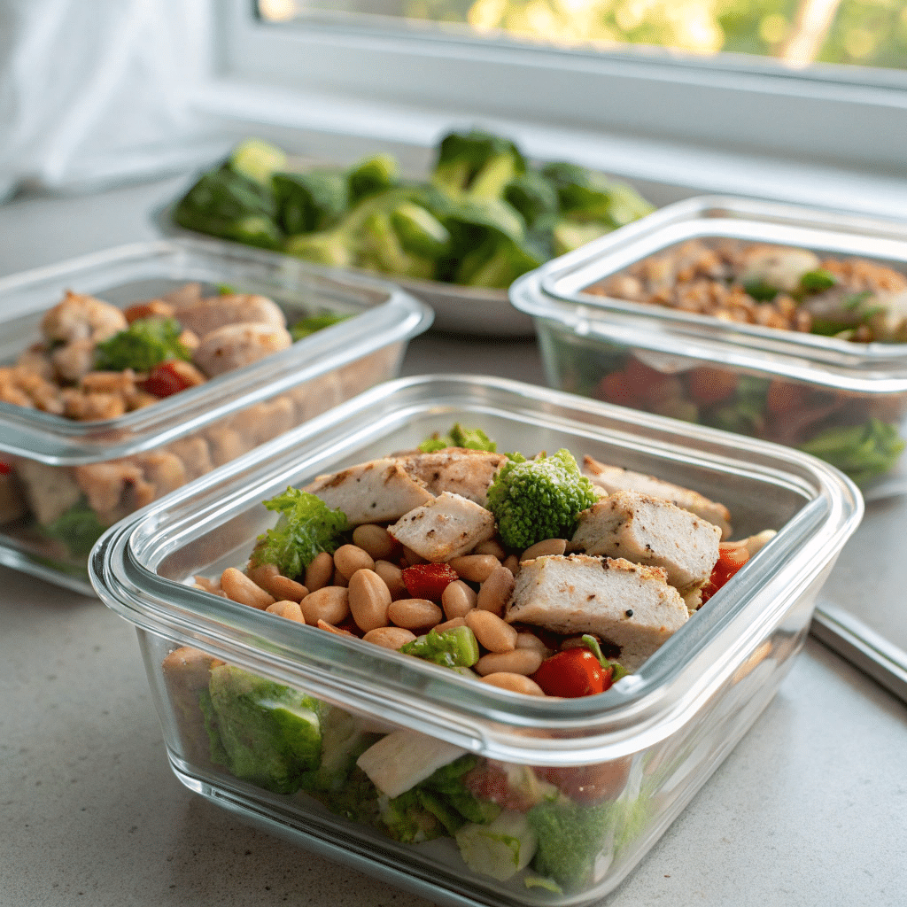 Meal prep containers of dense bean salad with chicken and Brussels sprouts