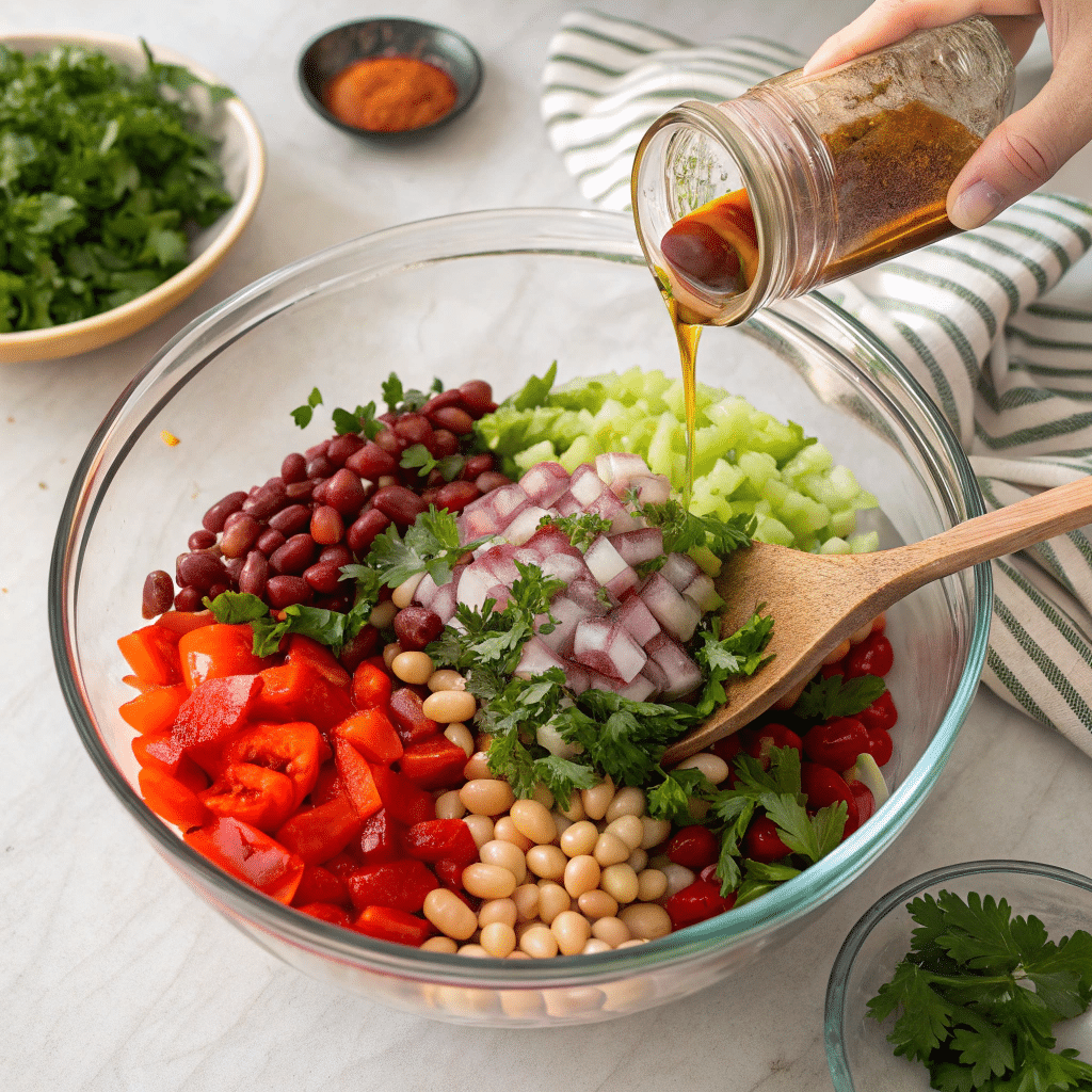 Tossing Italian cold bean salad dense with fresh vegetables and herbs