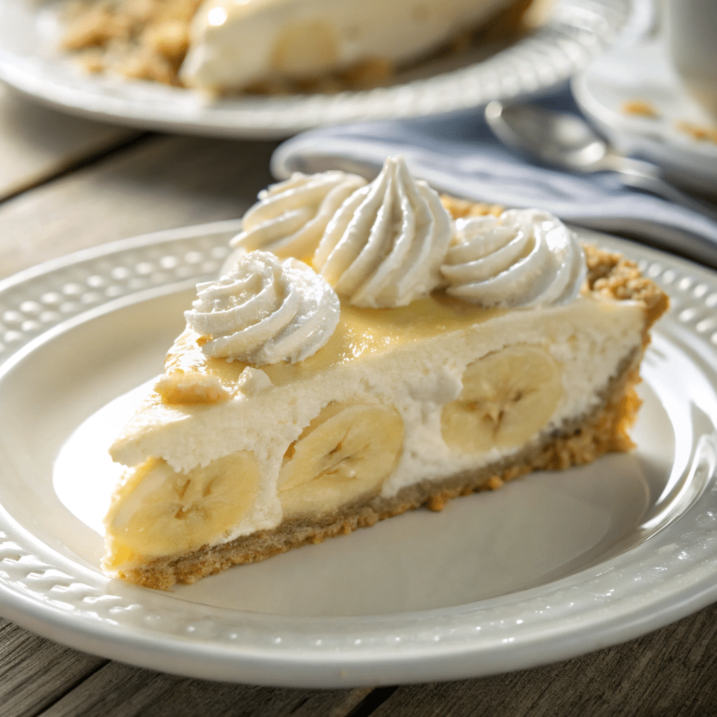 Slice of banana cream pie served with whipped cream