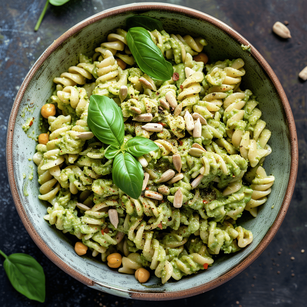 Chickpea rotini with avocado pesto and sunflower seeds,Vegetarian Gluten-Free Pasta Recipes for Weeknights