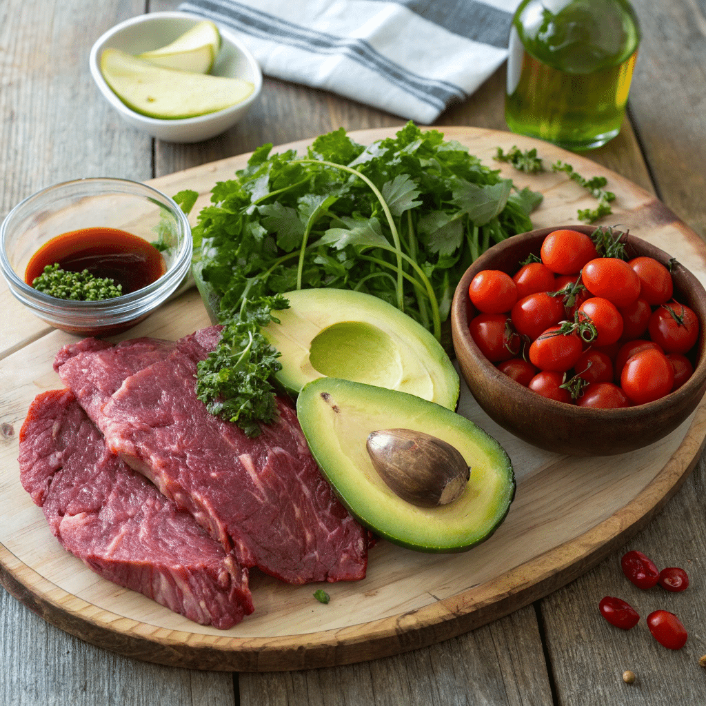 Chimichurri steak salad with avocado ingredients on a rustic board