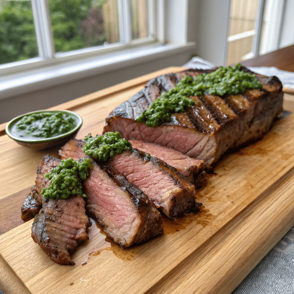 Juicy sliced steak with chimichurri for chimichurri steak salad with avocado