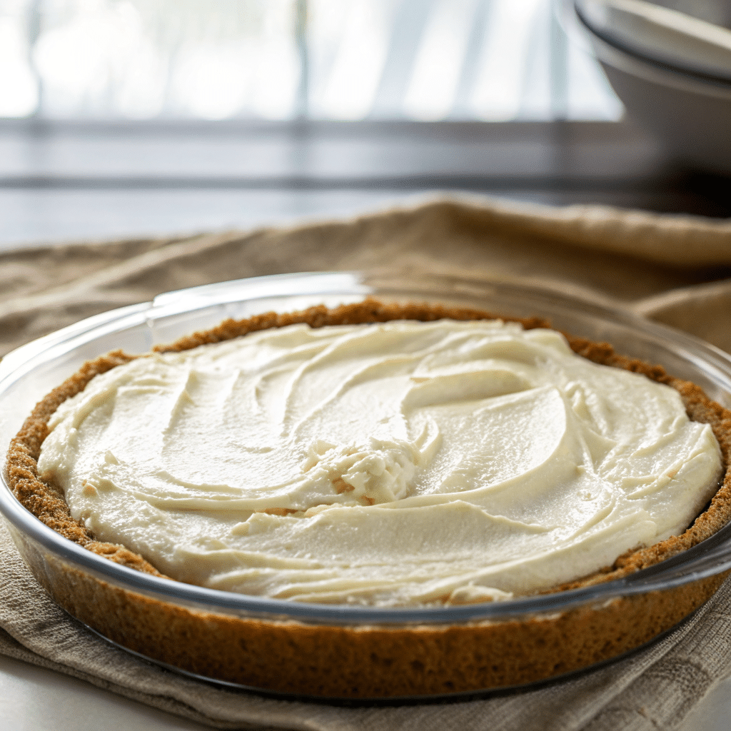 spreading cream cheese layer on chocolate delight crust