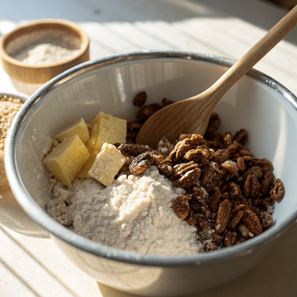 mixing butter, flour, pecans, and sugar in a bowl
