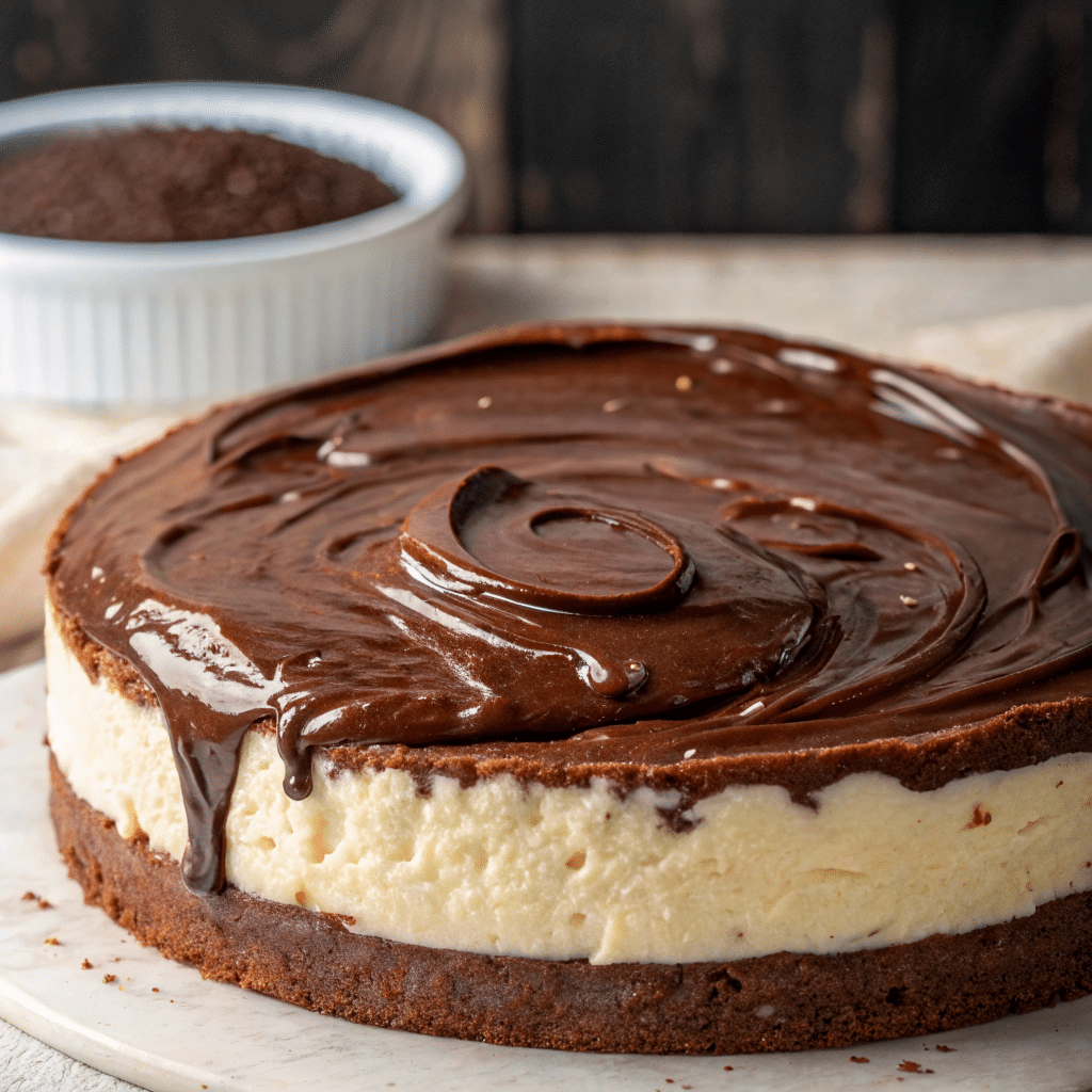 pouring chocolate pudding layer on chocolate delight