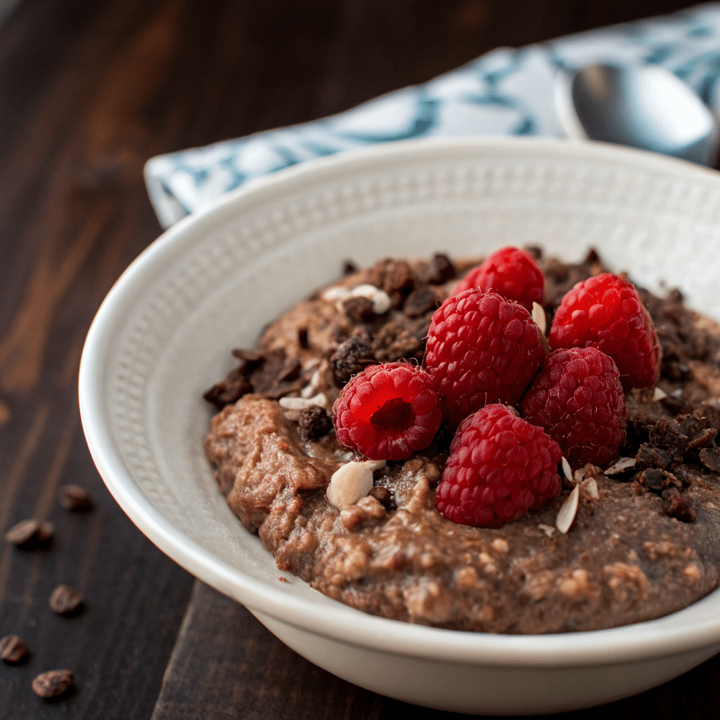 Cocoa raspberry overnight oats gluten-free made with oat milk 