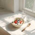 Cottage cheese smoothie in a healthy breakfast setup