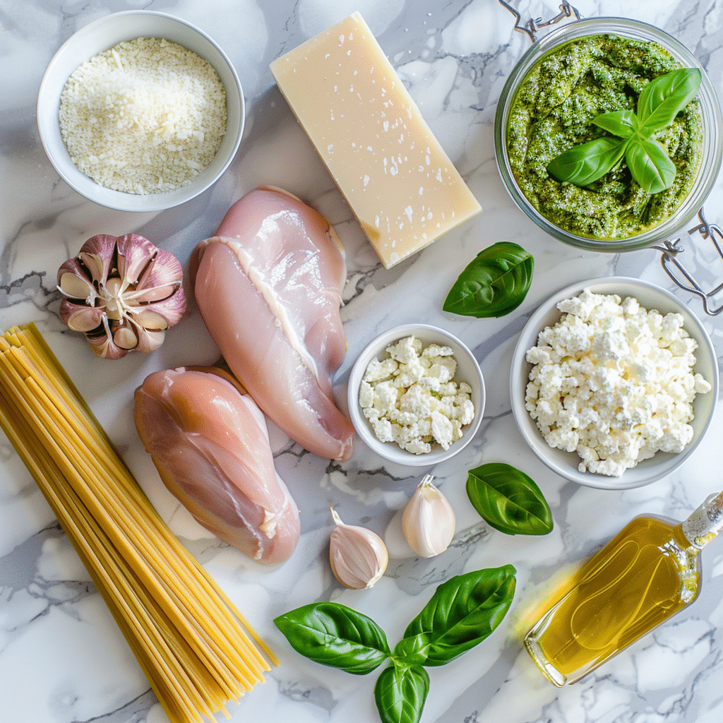 Ingredients for creamy garlic pesto chicken pasta,Creamy Garlic Pesto Chicken Pasta