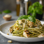Recipe card for creamy garlic pesto chicken pasta