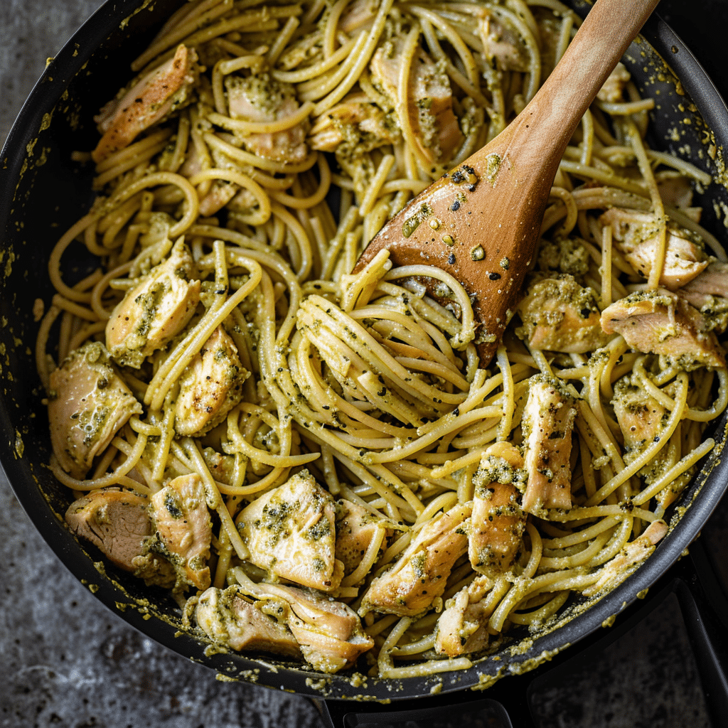Step-by-step making of creamy garlic pesto chicken pasta