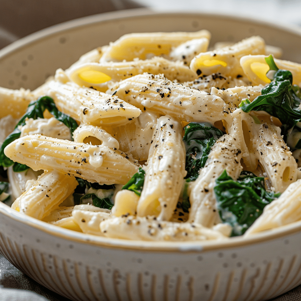 Creamy spinach ricotta gluten-free penne pasta in a white bowl,5-Ingredient Gluten-Free Pasta Dinners