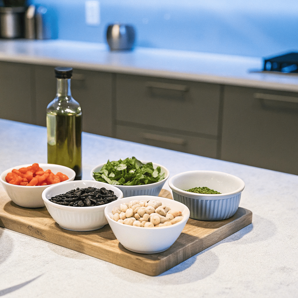  Ingredients for dense bean salad meal prep on rustic table