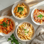Four vegetarian gluten-free pasta dishes on a modern dining table,Vegetarian Gluten-Free Pasta Recipes for Weeknights